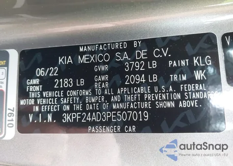 2023 Kia Forte Lxs из США, поврежденный, VIN 3KPF24AD3PE507019